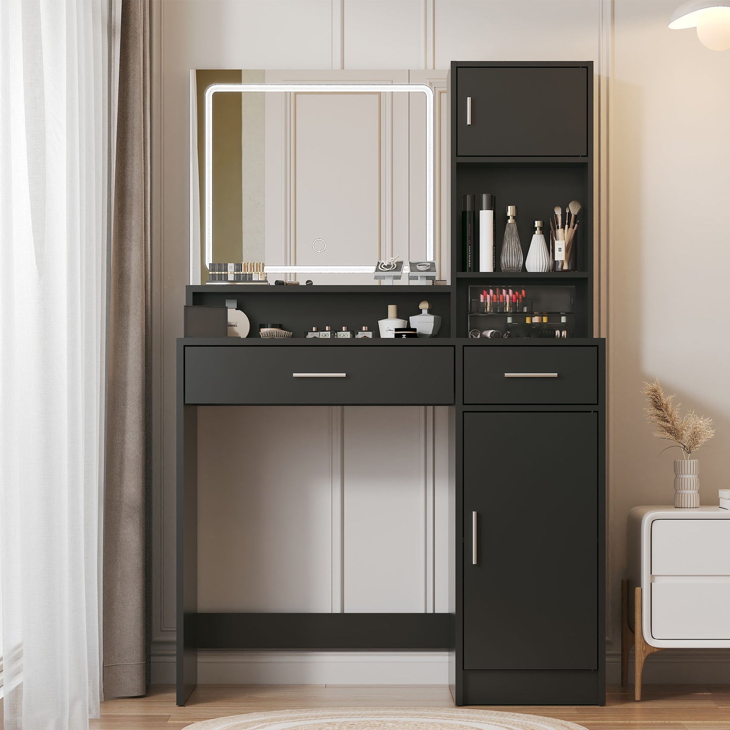 Tocador con espejo y tira de luz LED, tocador con cajón grande, 3 niveles de almacenamiento y 3 modos de iluminación con brillo ajustable, ideal para dormitorio.