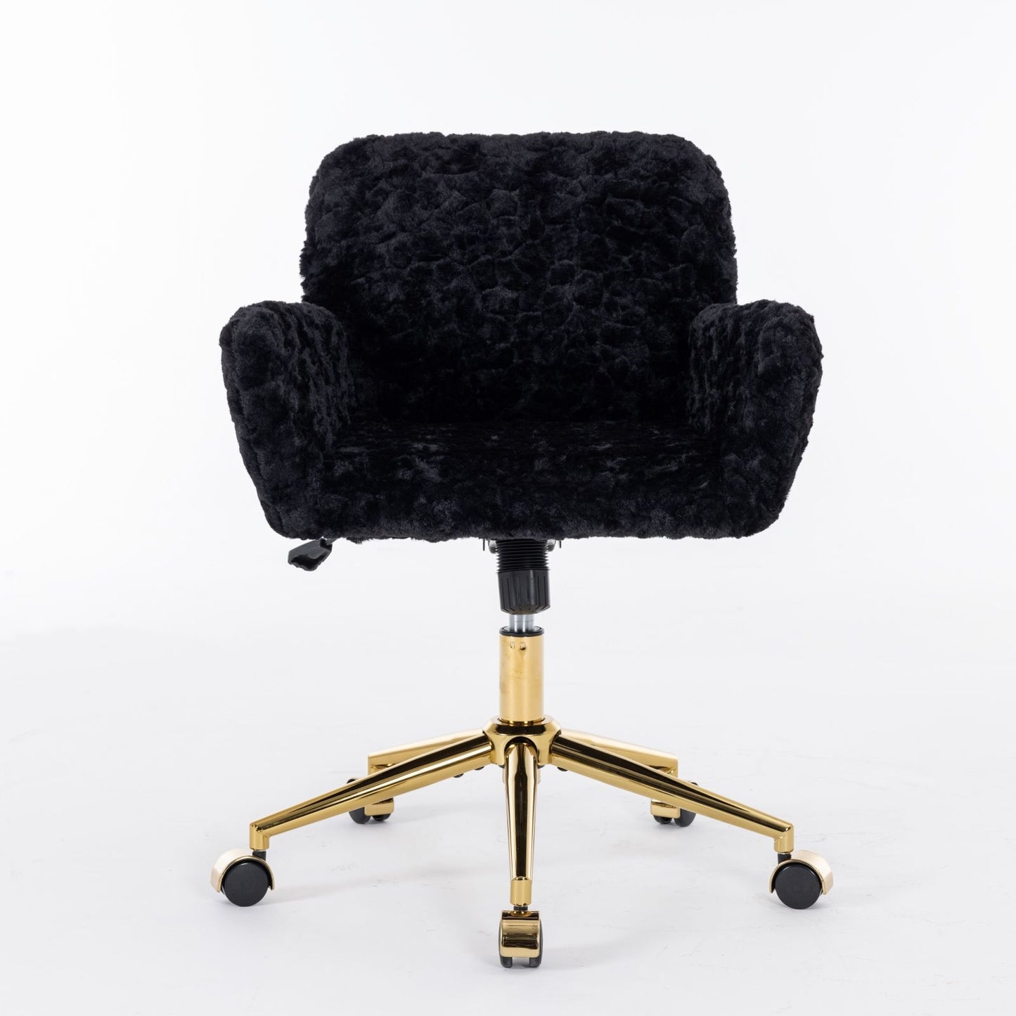 Silla de oficina con pelo artificial de conejo y base de metal dorado, ajustable, giratoria y de tocador.