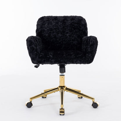 Silla de oficina con pelo artificial de conejo y base de metal dorado, ajustable, giratoria y de tocador.