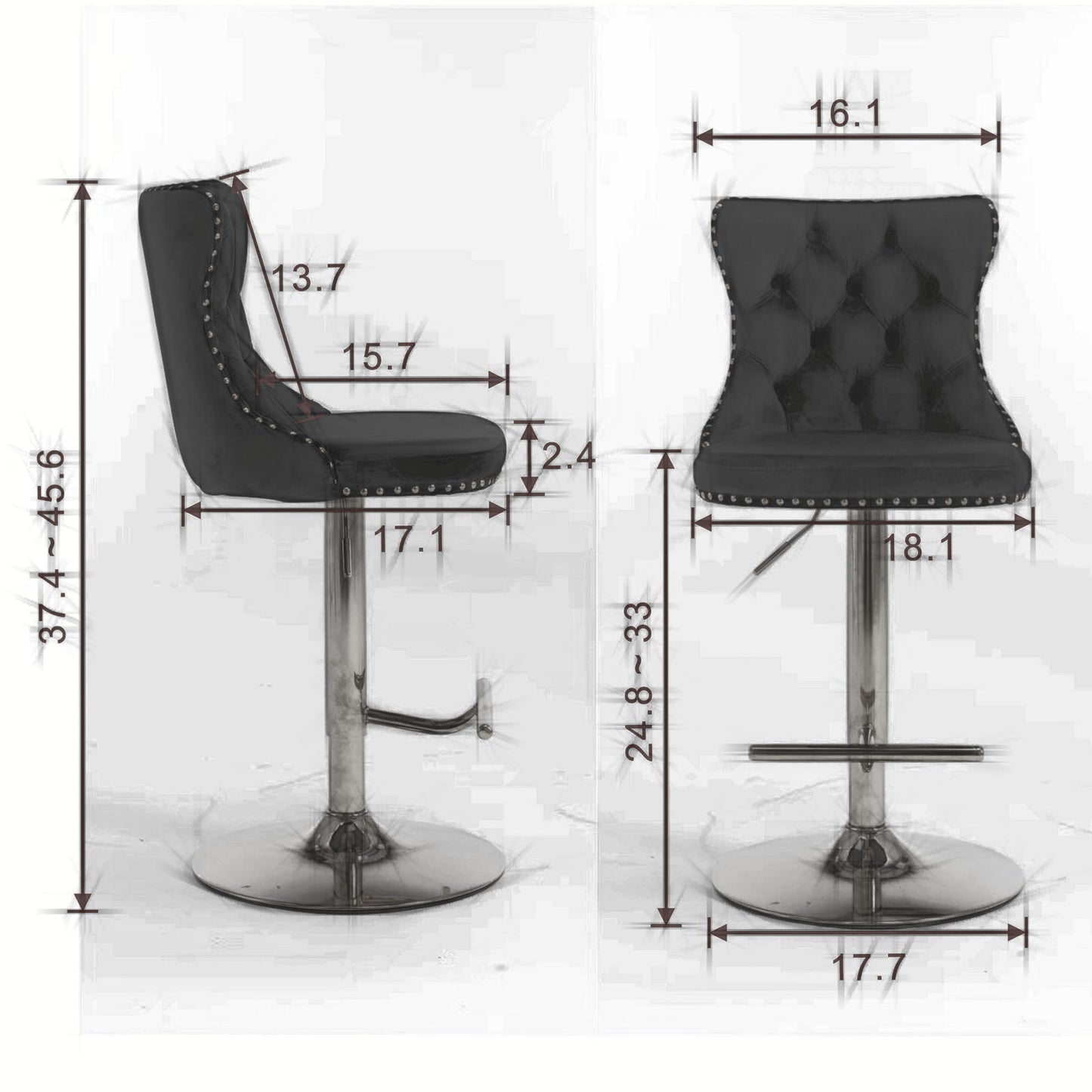 Taburetes giratorios de terciopelo con altura de asiento ajustable de 63 a 84 cm. Modernos taburetes de bar con base cromada y tapizados, cómodos y capitoné para el hogar, el pub y la isla de cocina (juego de 2).