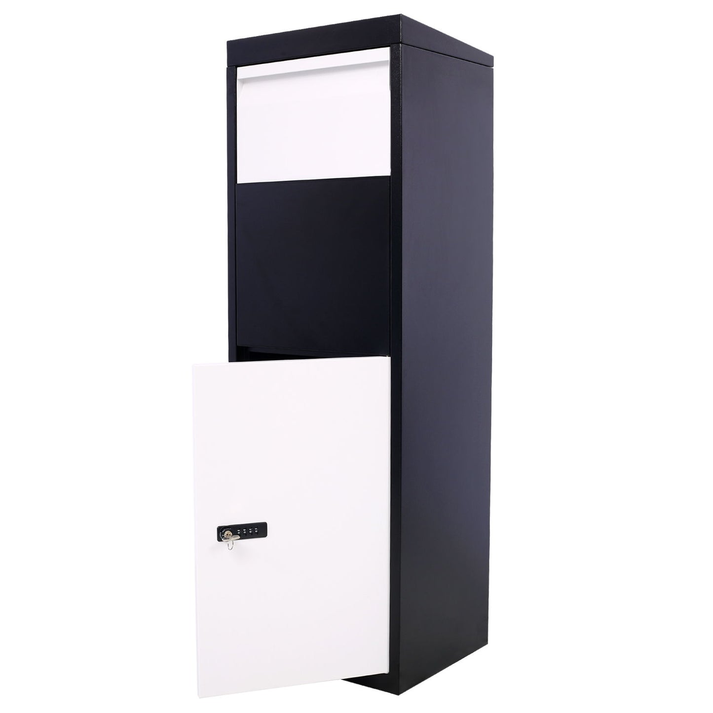 Buzón de acero galvanizado para entrega de paquetes, con cerradura con código y herrajes de montaje, para porche exterior, con acceso a la acera - Blanco/Negro