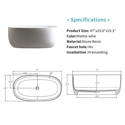 Bañera independiente de piedra de resina de superficie sólida. Diseño moderno con desagüe automático y rebosadero, ideal para hogares pequeños. Blanco mate.