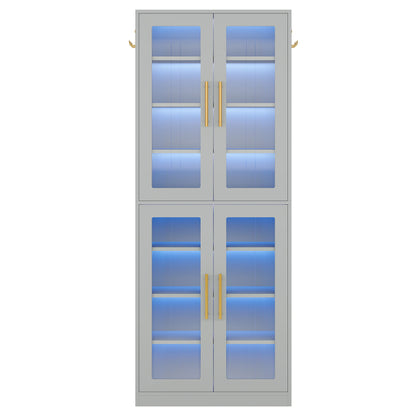 Bookcase With Doors And LED Lighting, 8 Adjustable Shelves Storage Cabinet