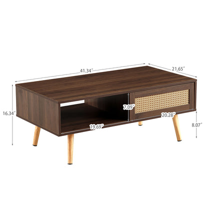 Mesa de centro de ratán de 105 cm, puerta corrediza para almacenaje, patas de madera maciza, mesa moderna para sala de estar.