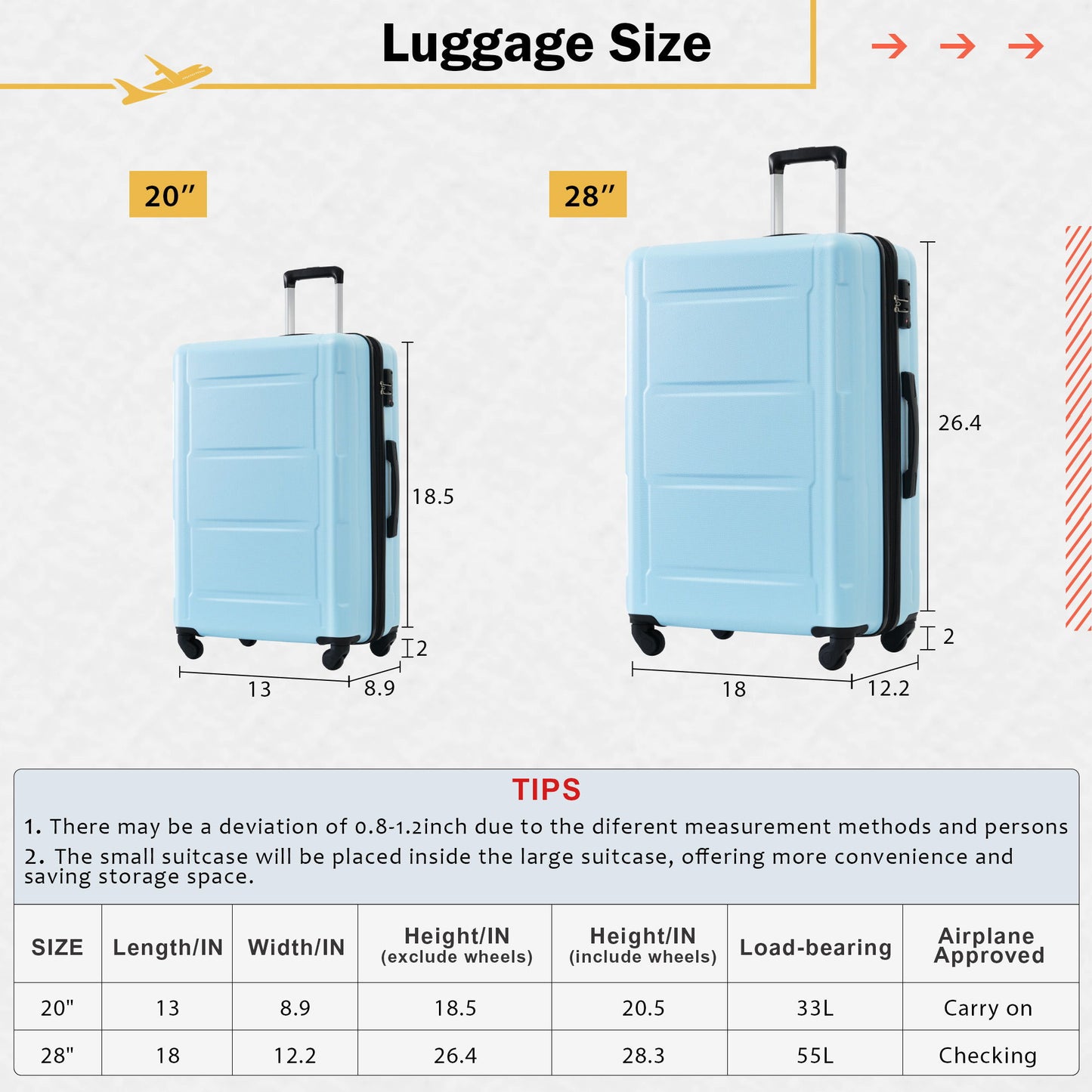 Juego de 2 maletas con ruedas giratorias extensibles, maleta ligera de ABS con cerradura TSA de 20"/28"