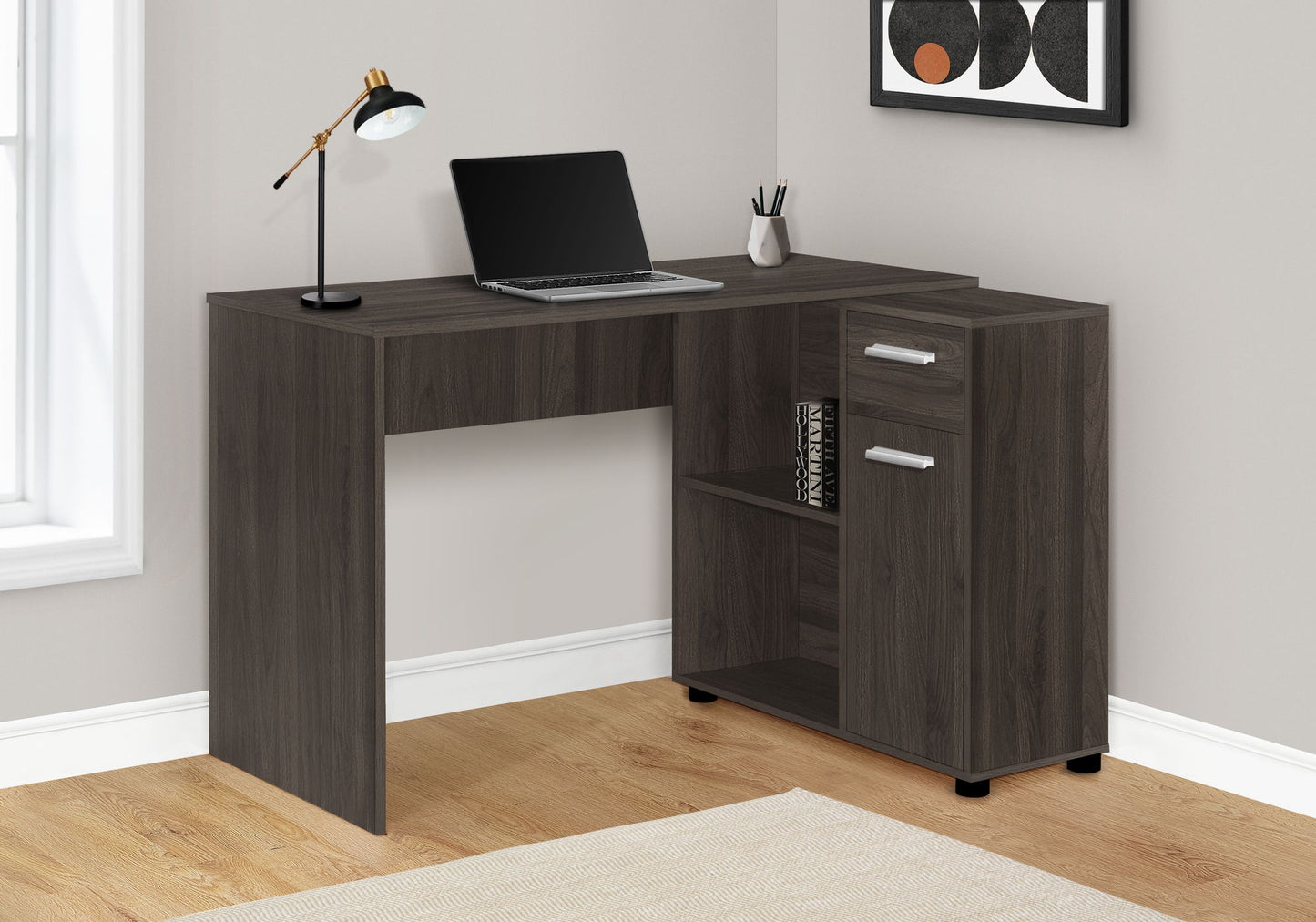 Escritorio de computadora, oficina en casa, esquina, cajones de almacenamiento, forma de L, contemporáneo y moderno