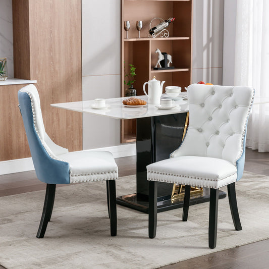 Nikki - Silla de comedor moderna y de alta gama, de madera maciza capitoné, tapizada en PU y terciopelo, con patas de madera y ribete de tachuelas (juego de 2)