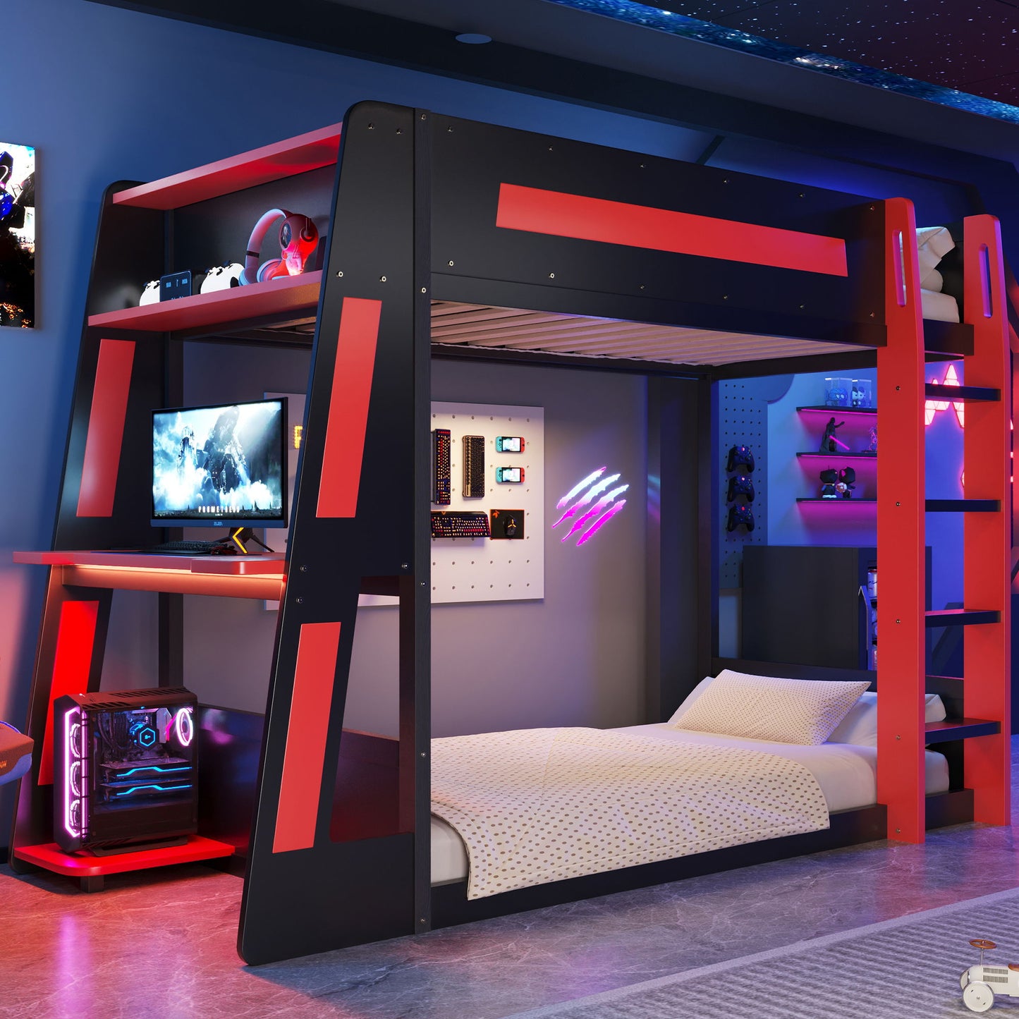Gaming Bunk Bed With Desk, 2 Storage Shelves, USB And LED Light