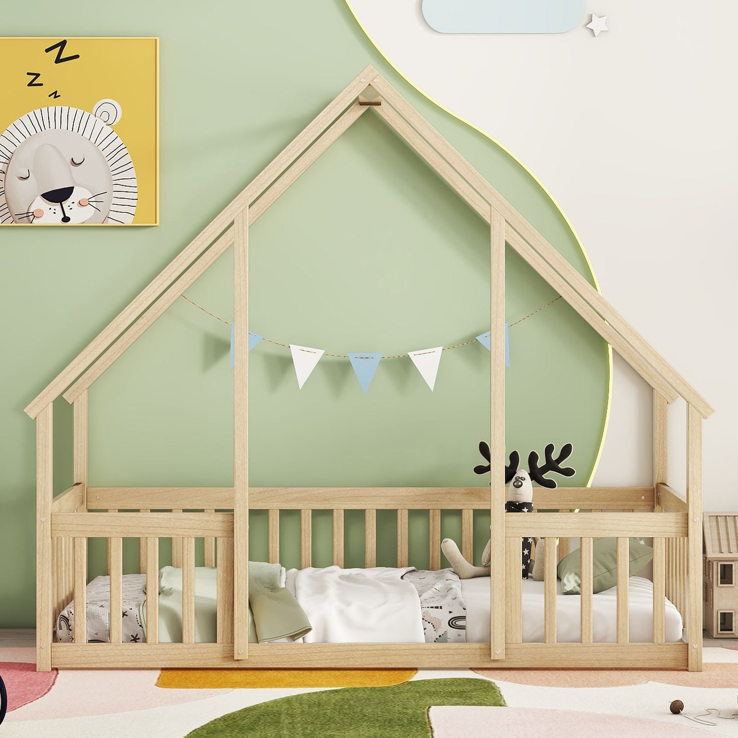 Cama de piso en forma de casa de madera con cerca y barandillas