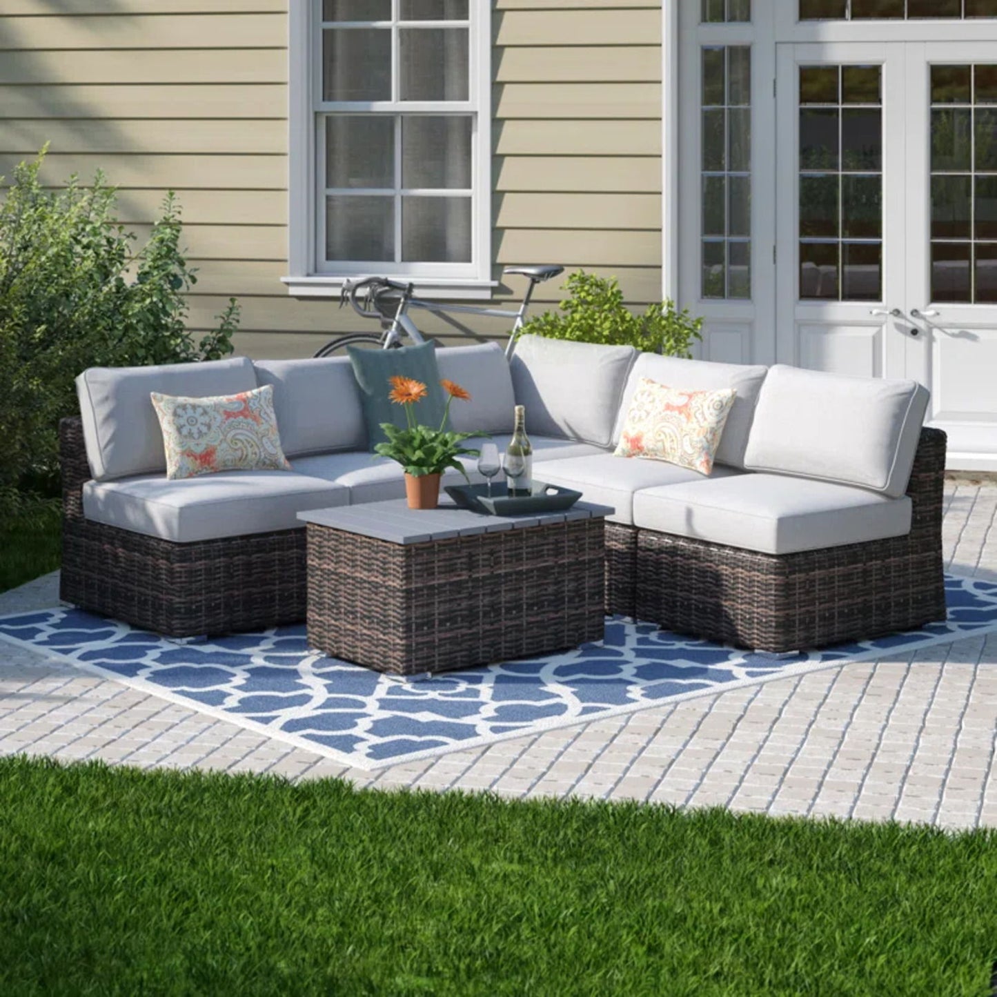 Wicker Sectional Sofa With Cushions And Table