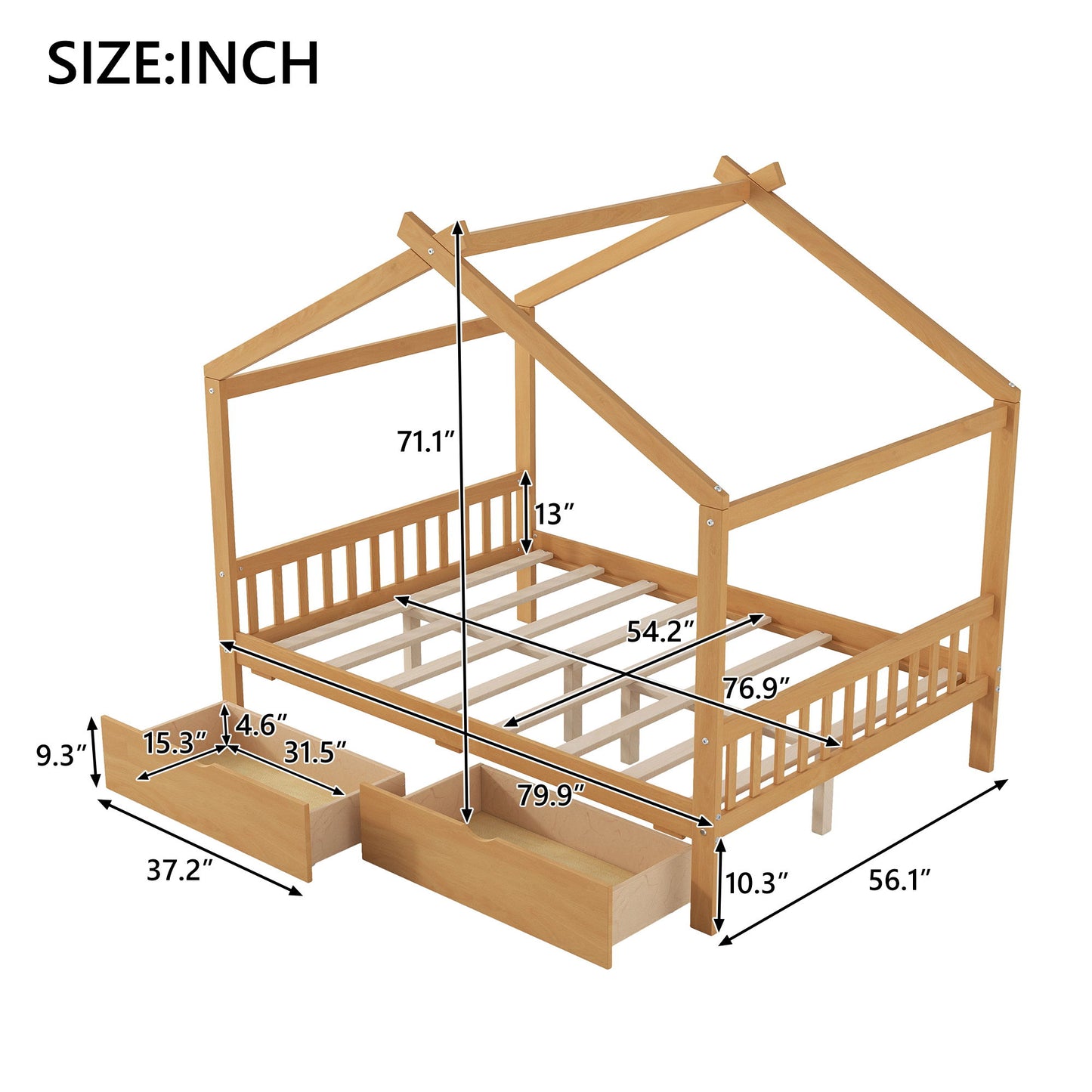 House Style Platform Bed With Headboard, Footboard, 2 Drawers, And Roof Design
