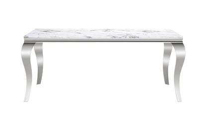 Marble Printed Rectangular Dining Table, Frame And Stainless Steel Legs - Silver / White