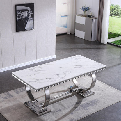 Modern Rectangular Marble Printing Dining Table, Double U Shape Stainless Steel Base With Mirrored Finish