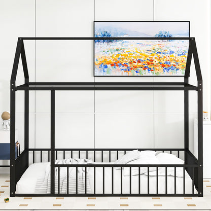 Cama de metal con estructura de cama y valla