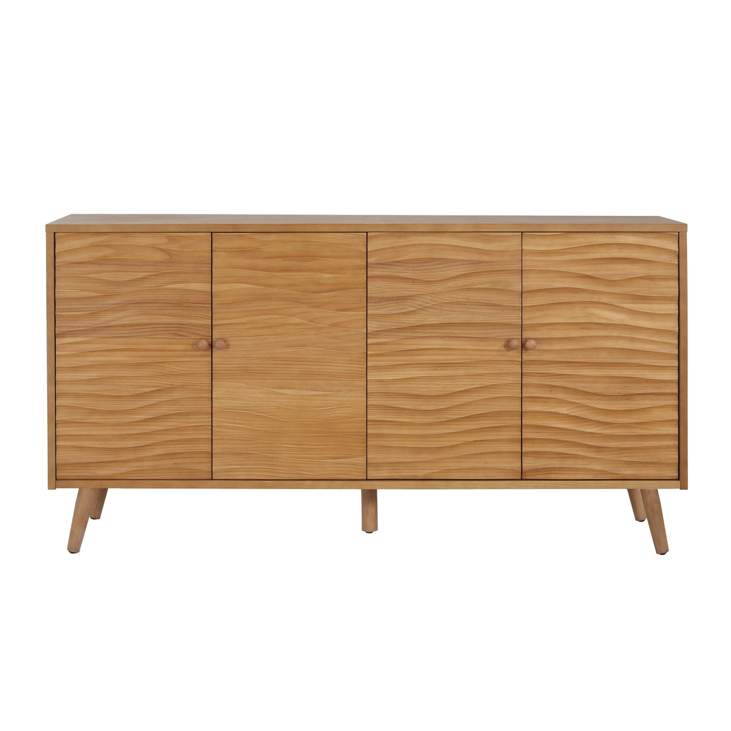 Mid Century Modern 4 Door Sideboard, Wavy Pattern Doors, Adjustable Shelves - Natural