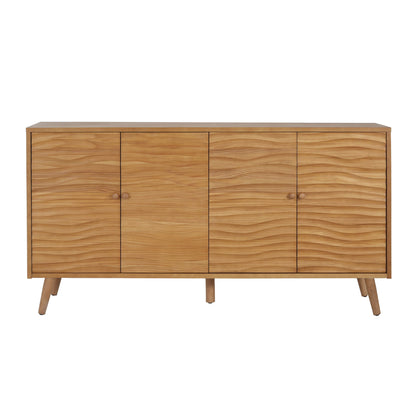 Mid Century Modern 4 Door Sideboard, Wavy Pattern Doors, Adjustable Shelves - Natural