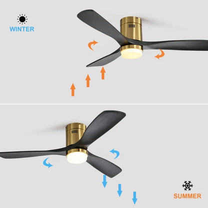 Ventilador de techo empotrado con 3 aspas de madera maciza, control remoto, motor de CC reversible para sala de estar - Dorado