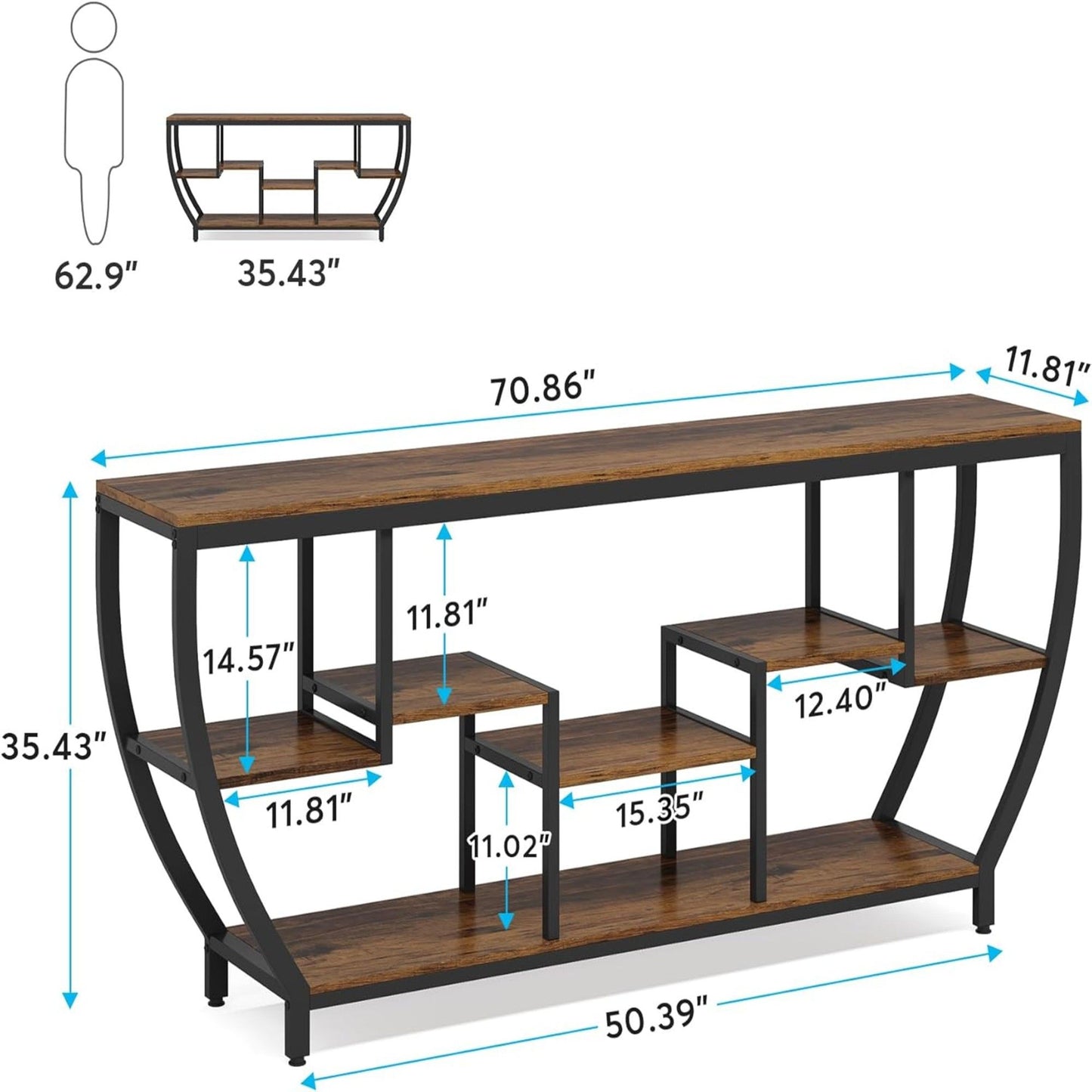 Extra Long Entryway Console Sofa Table With 7 Tier Shelves - Brown / Black