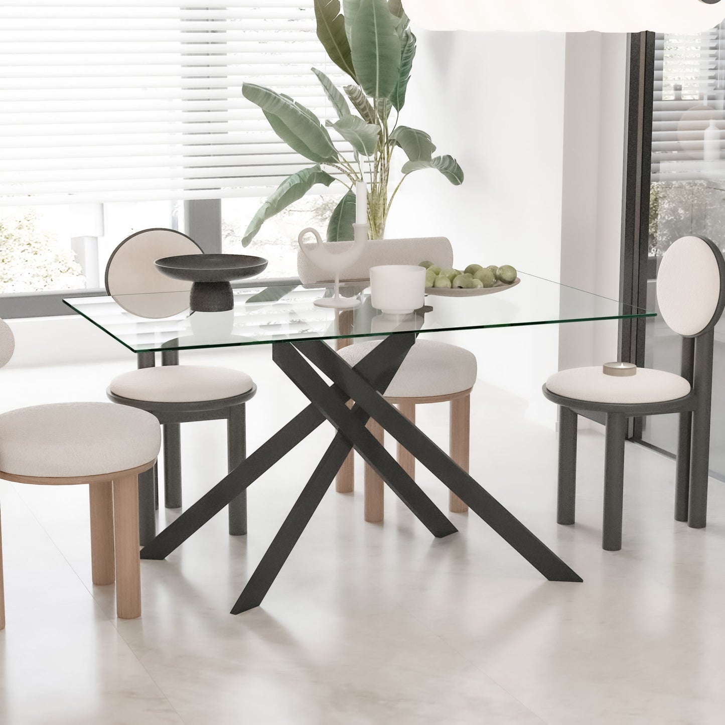 Rectangular Clear Tempered Glass Dining Table, Stylish Design With Metal Legs