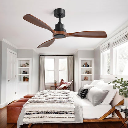 Ventilador de techo de 122 cm sin luz, 3 aspas de madera maciza, para exterior, con motor de CC reversible de 6 velocidades, para sala de estar, color negro