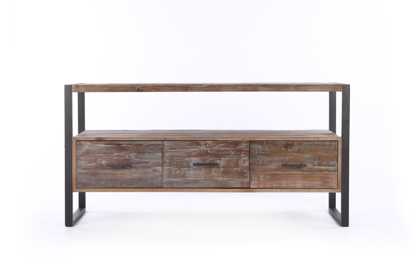 Consola de TV de madera recuperada con 3 cajones y estante abierto - Gris antiguo