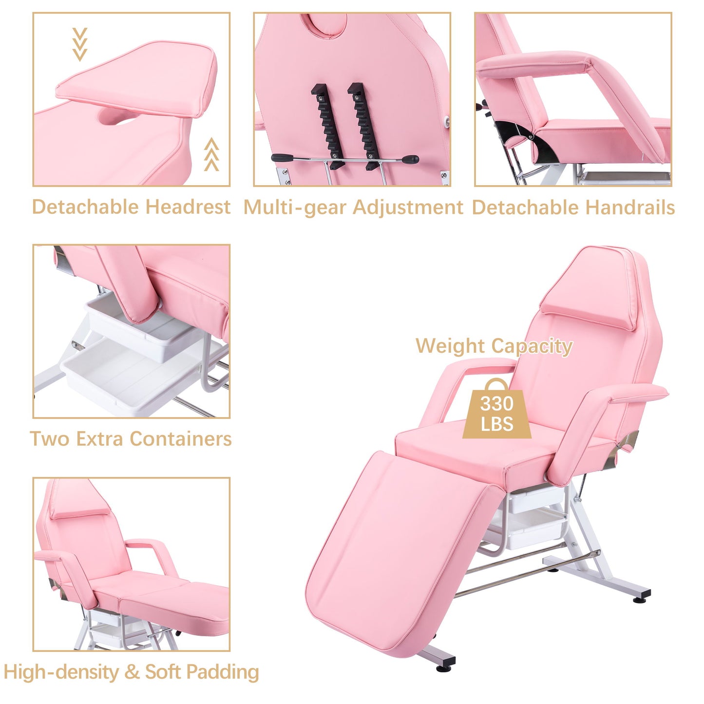 Sillón de masajes para tatuajes de 183 cm con dos bandejas, camilla de esteticista con taburete hidráulico, mesa facial multiusos de 3 secciones, equipo de belleza ajustable para barbería, spa y belleza.