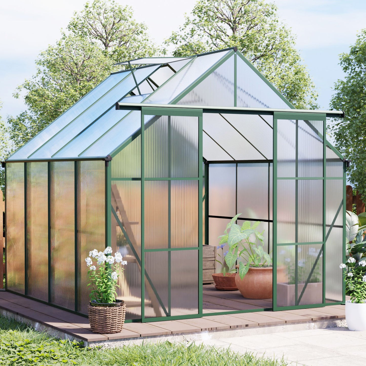 Double Door Polycarbonate house Raised Base And Anchor Aluminum Heavy Duty Walk In houses For Outdoor Backyard In All Season