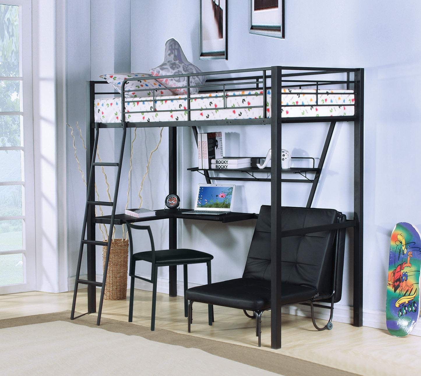 Senon - Cama alta doble con escritorio - Negro/Plateado