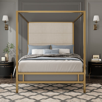 Canopy Bed With Tall Upholstered Headboard, 4 Poster Frame