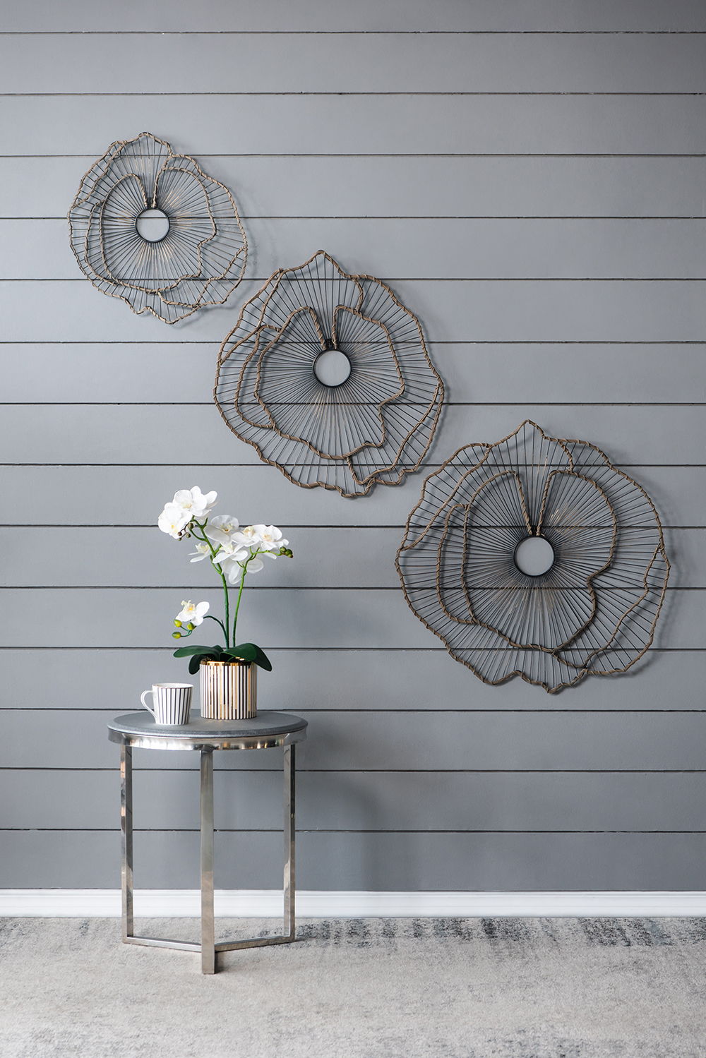 Decoración de pared con flores de metal, escultura floral de transición para vestíbulo, porche, pasillo y entrada (juego de 3) - Dorado