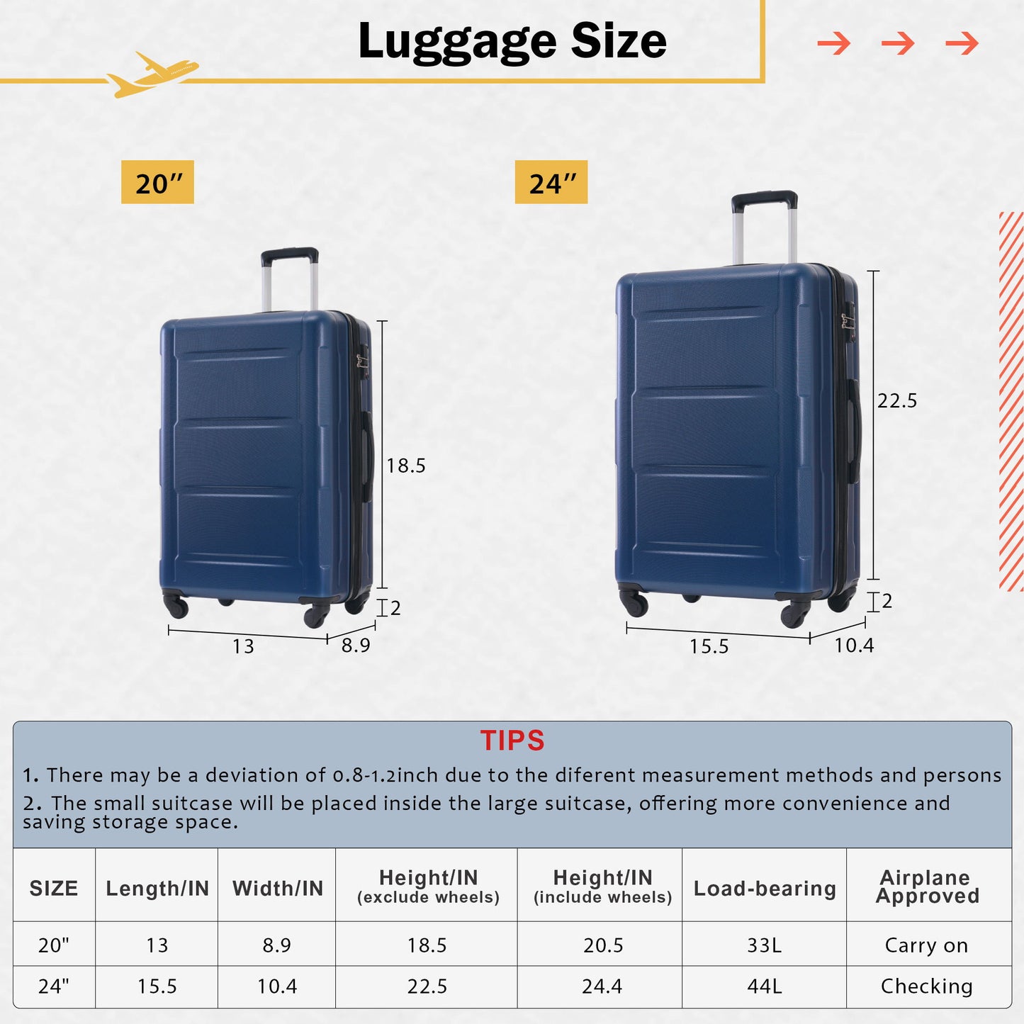 Juego de 2 maletas con ruedas giratorias extensibles, maleta ligera de ABS con cerradura TSA de 20"/24"