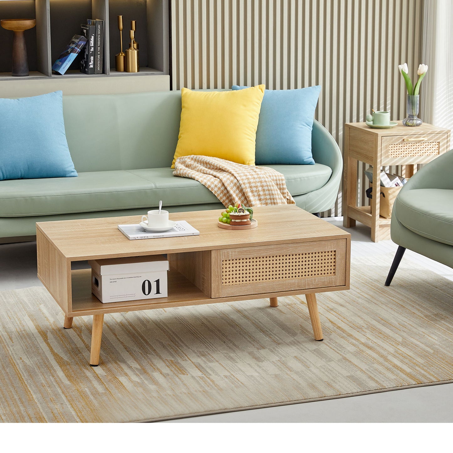 Mesa de centro de ratán de 105 cm, puerta corrediza para almacenaje, patas de madera maciza, mesa moderna para sala de estar.