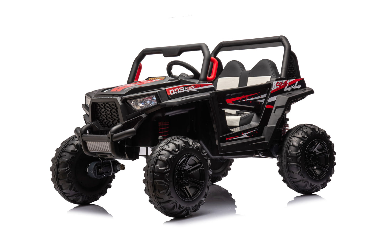 12V7A*1 30W*4 Four-Wheel Drive Seat One Button Start, Forward And Backward, High And Low Speed, Music, Front Light, Power Display, Two Doors Can Open, 2.4G R / C, Seat Belt Four Wheel Absorber