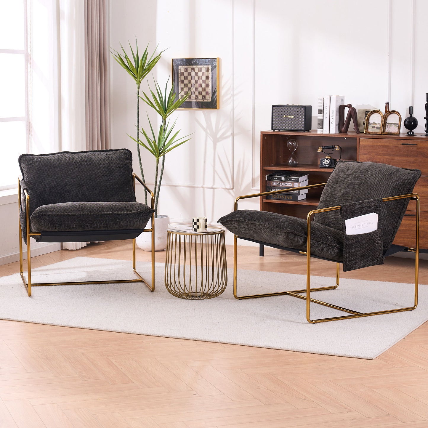 Sillón colgante tapizado con bolsillos para brazos, estructura de metal (juego de 2), acabado dorado, cojines de espuma triturada y tejido agradable para la piel, ideal para sala de estar y dormitorio.