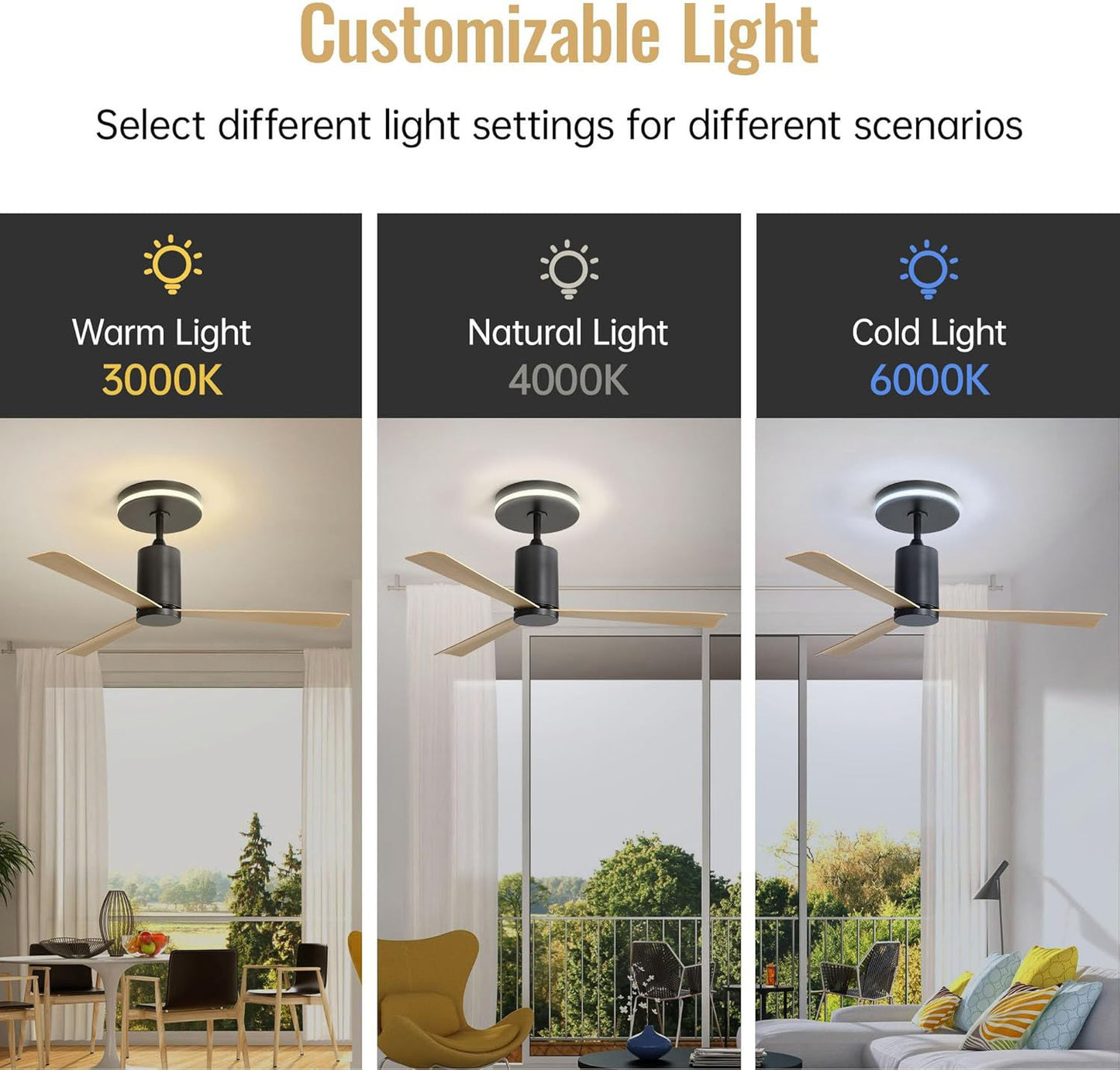 Ventilador de techo moderno empotrado con luz LED y control remoto, 3 aspas de ABS, motor de CC reversible y silencioso para patio y sala de estar, negro mate.