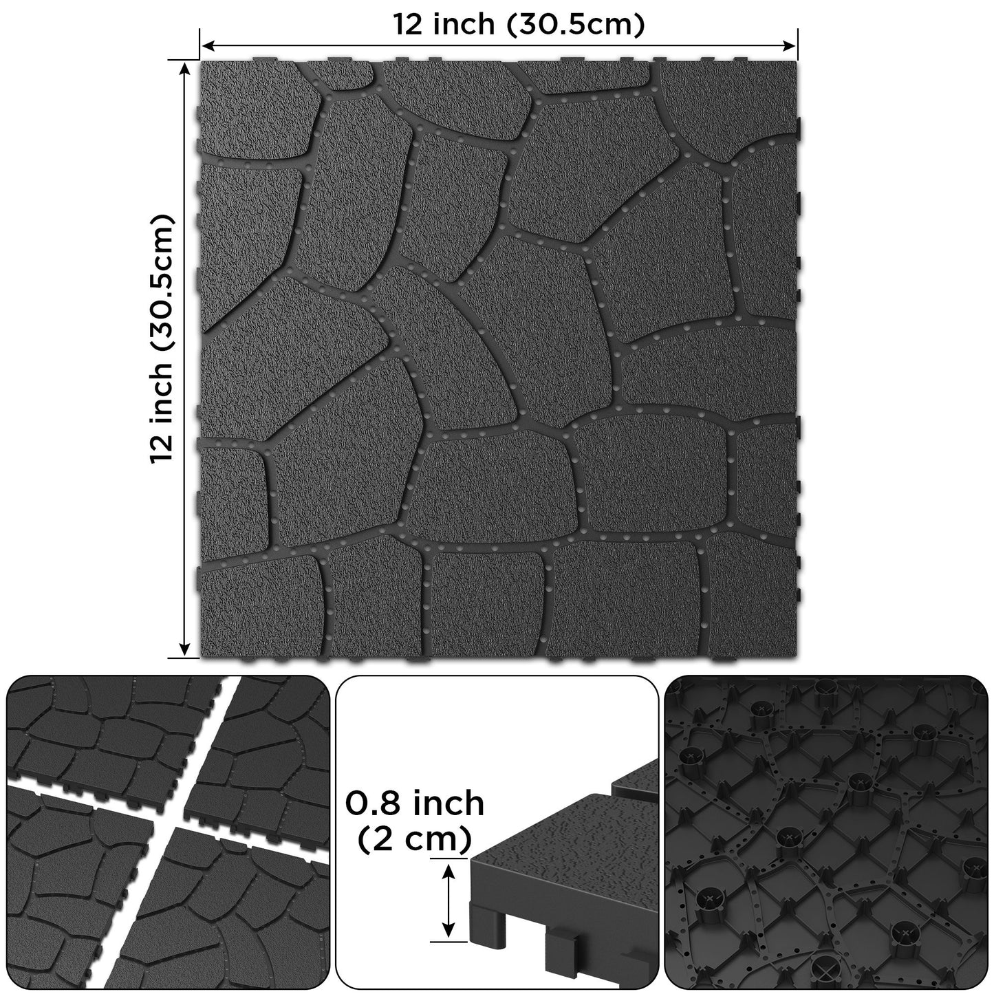 Stone Texture Patio Deck Tiles, Diy Interlocking Outdoor Floor Tiles (Set of 44) - Dark Grey