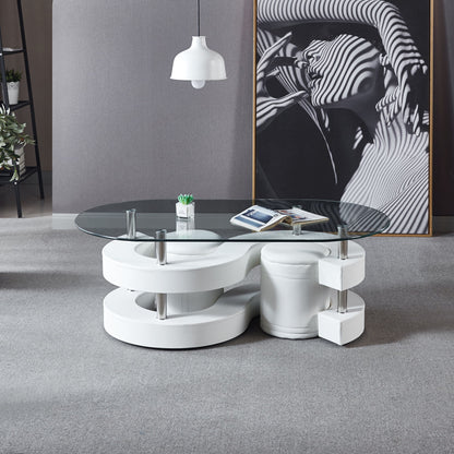 3 Pieces Coffee Table Set, Oval 10 Mm / Thick Tempered Glass Table And 2 Stools - White