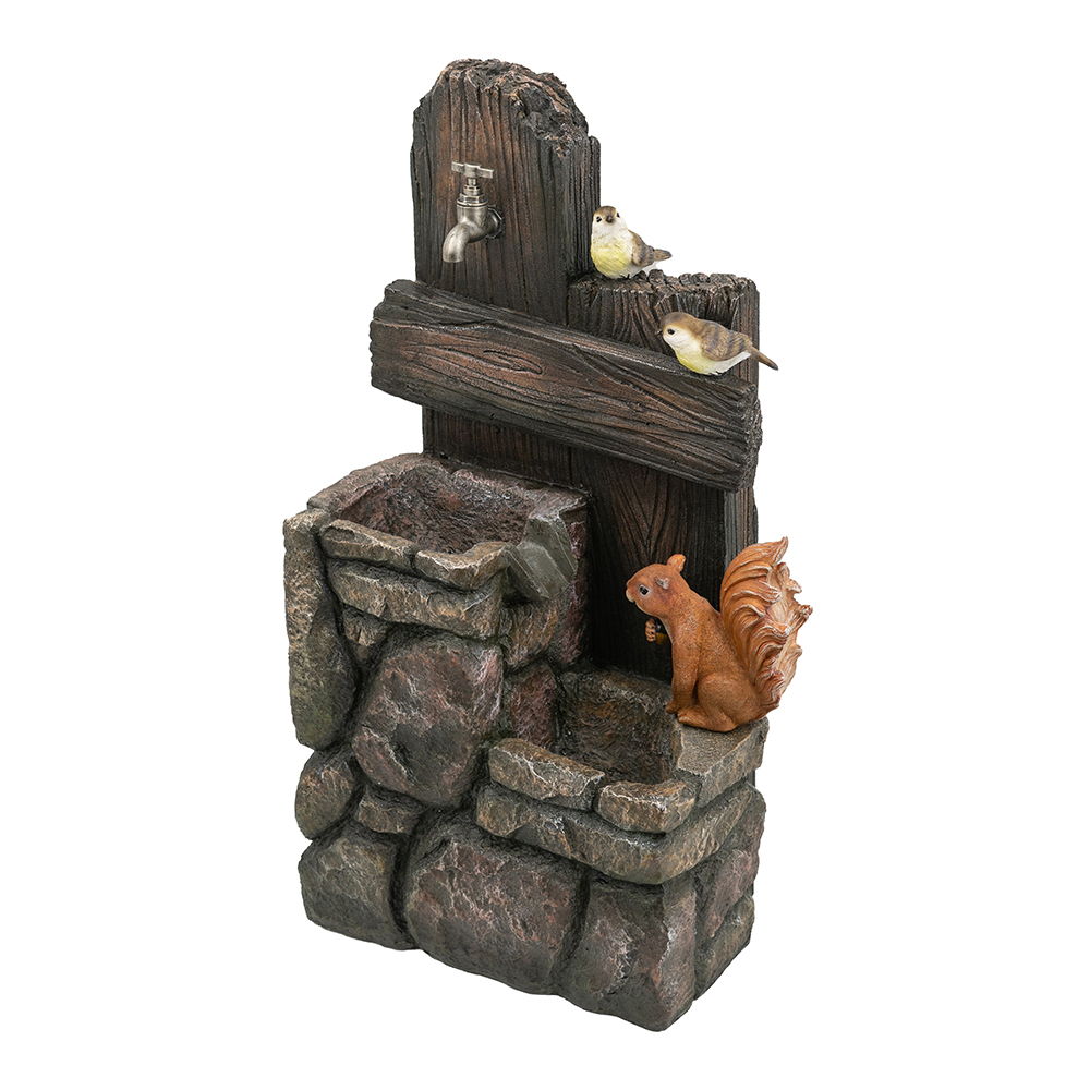Fuente decorativa de dos niveles con diseño de animales del bosque, fuente exterior con luz y bomba - Multicolor