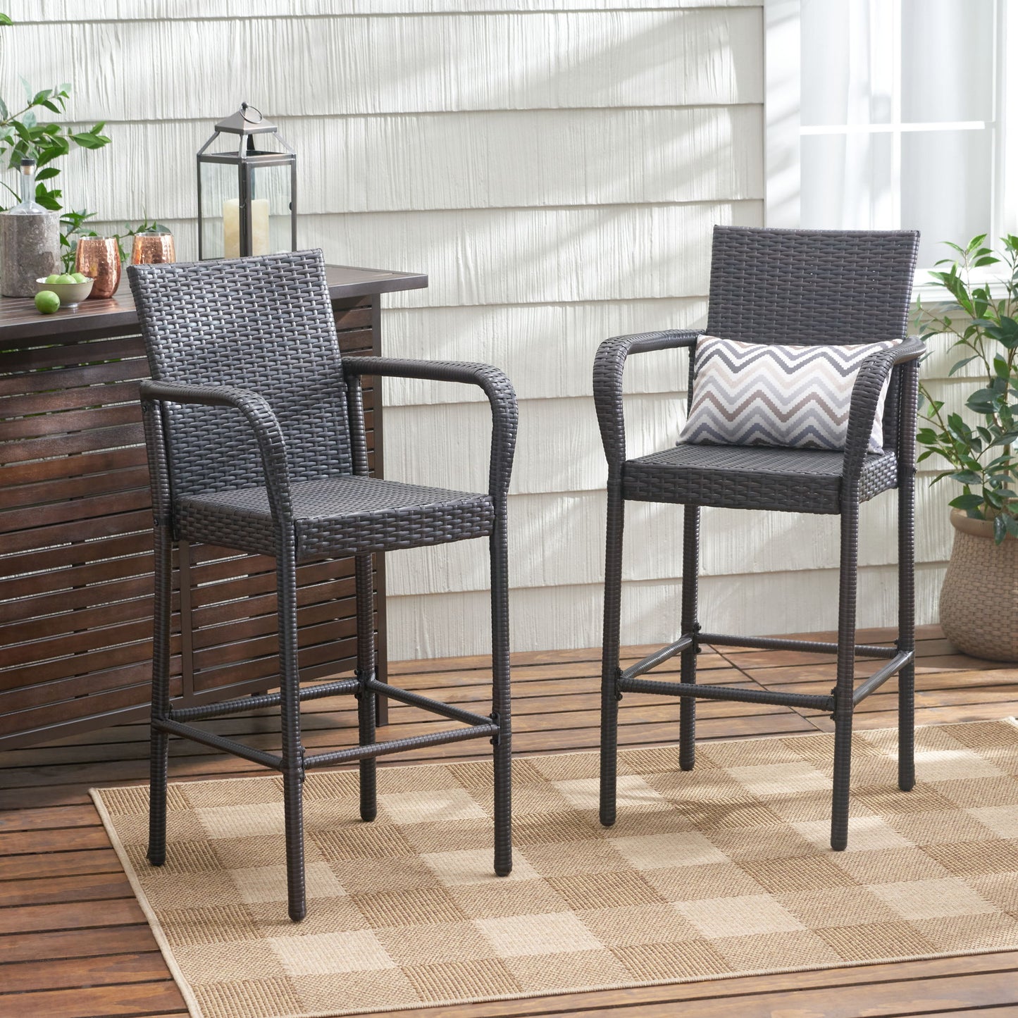 Outdoor Rattan Wicker Bar Chair With Metal Frame - Brown