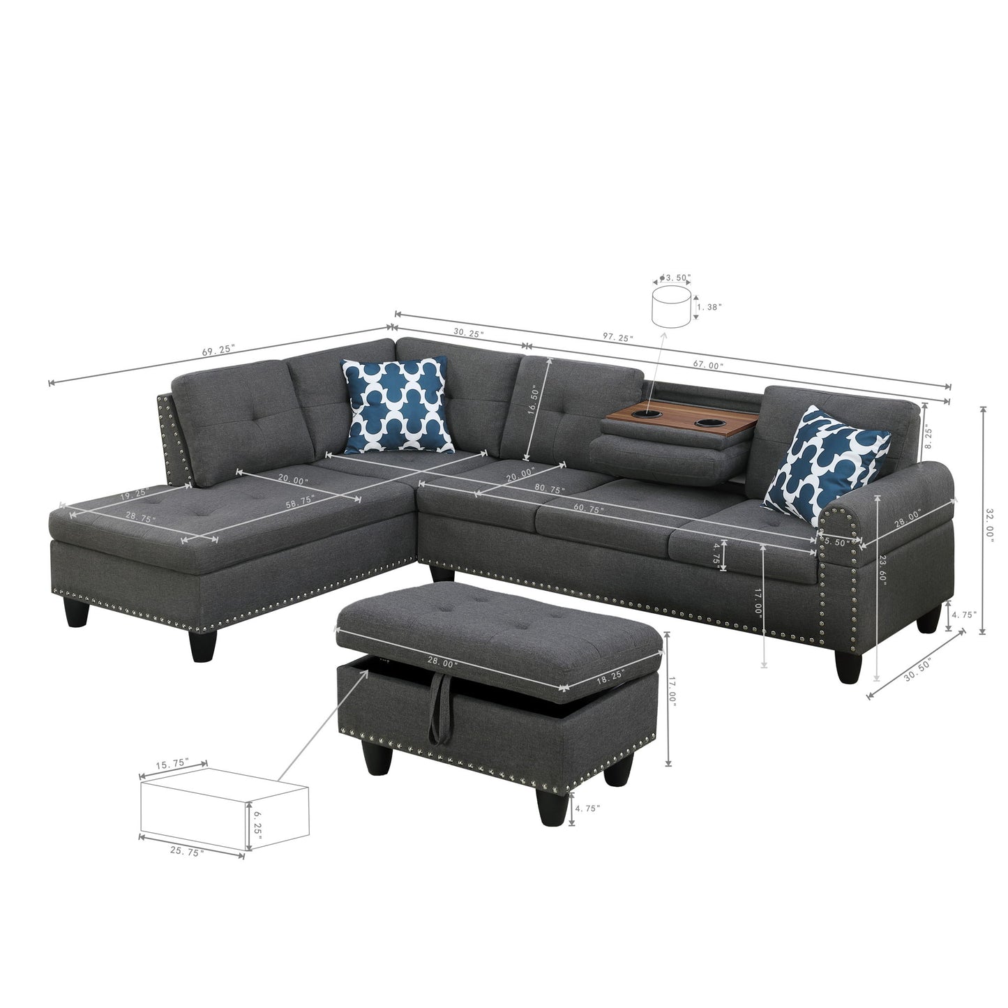 Alger - 98" Wide Left Hand Facing Sofa & Chaise With Ottoman