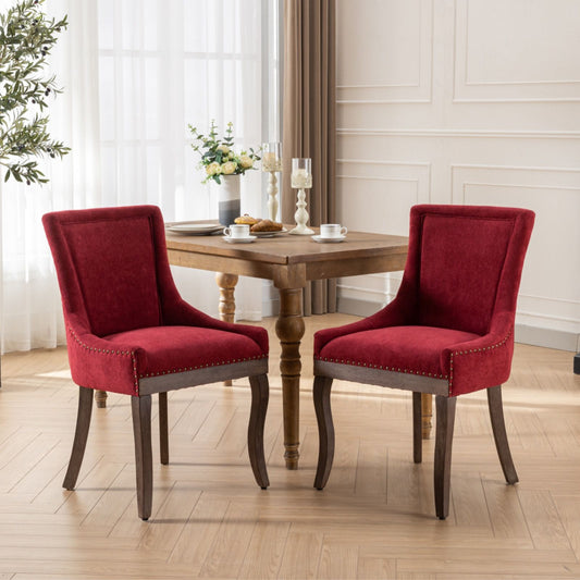 Silla de comedor Ultra Side, de tela gruesa con patas de madera maciza en tonos neutros y tachuelas de bronce (juego de 2)