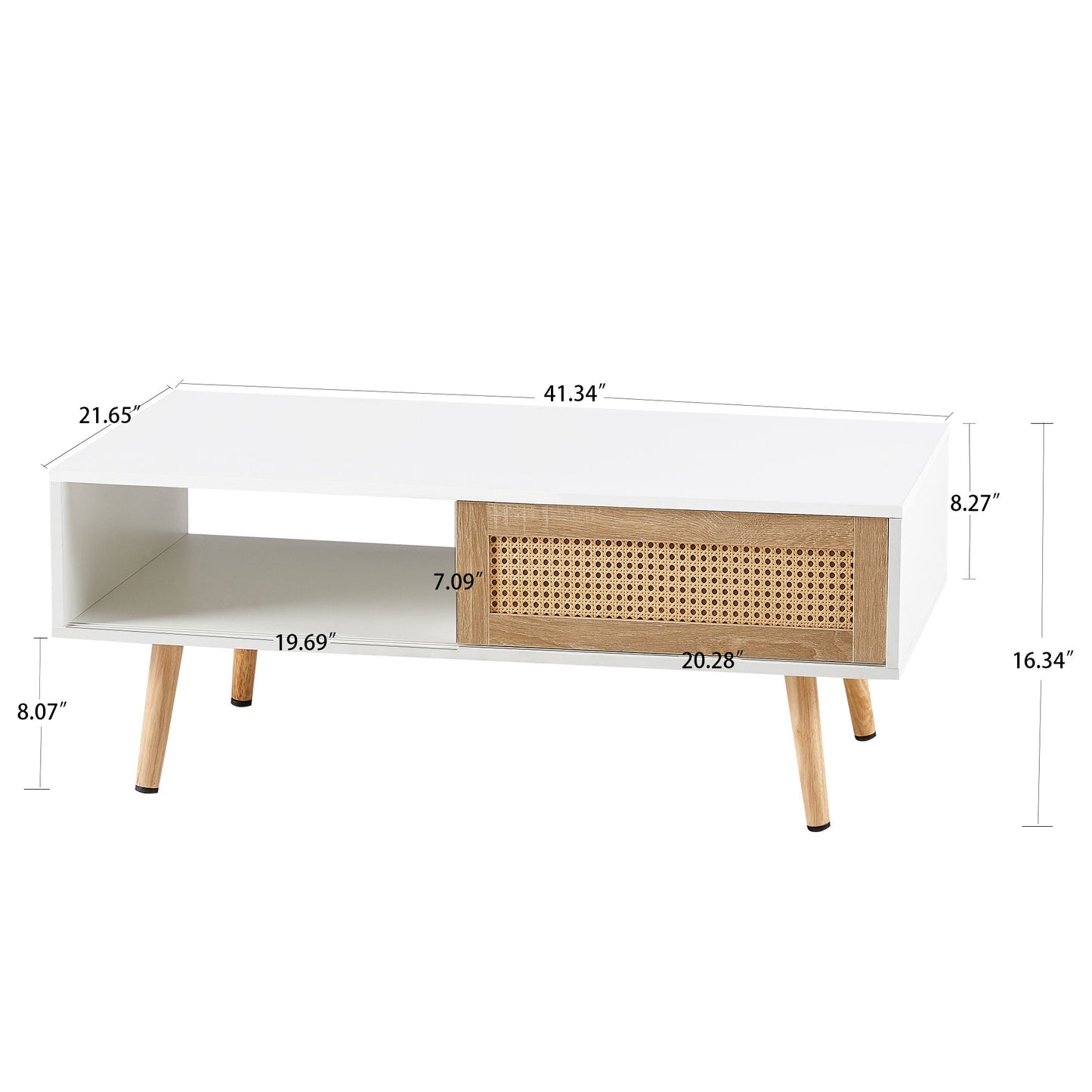 Mesa de centro de ratán de 105 cm, puerta corrediza para almacenaje, patas de madera maciza, mesa moderna para sala de estar.