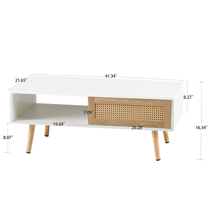 Mesa de centro de ratán de 105 cm, puerta corrediza para almacenaje, patas de madera maciza, mesa moderna para sala de estar.
