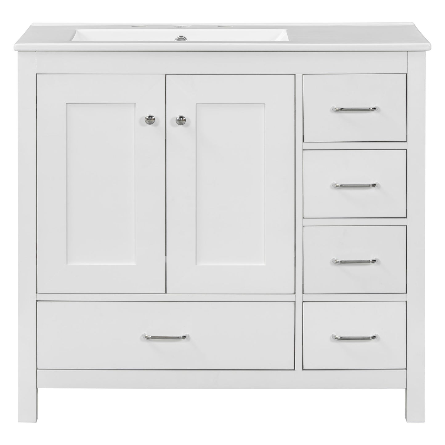 Bathroom Vanity With Ceramic Sink Combo, Abundant Storage Cabinet 2 Soft Close Doors And 5 Drawers