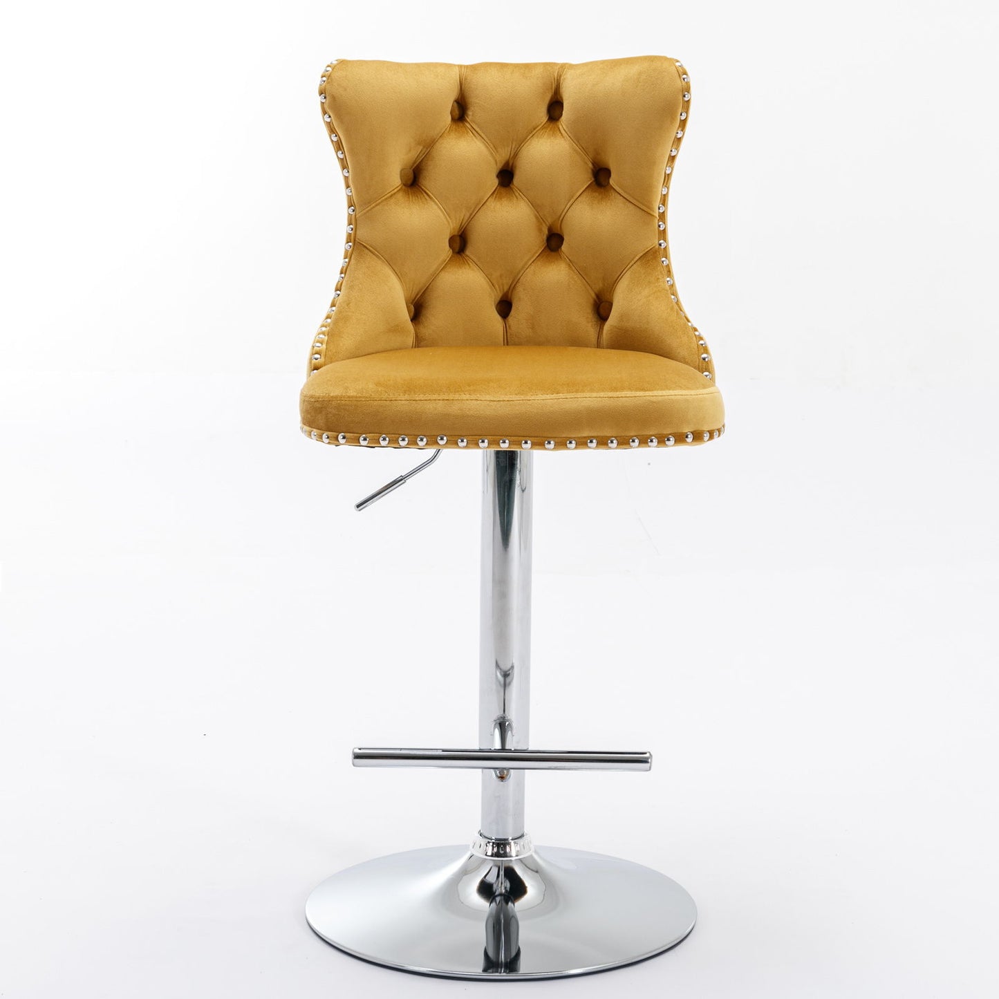 Taburetes giratorios de terciopelo con altura de asiento ajustable de 63 a 84 cm. Modernos taburetes de bar con base cromada y tapizados, cómodos y capitoné para el hogar, el pub y la isla de cocina (juego de 2).