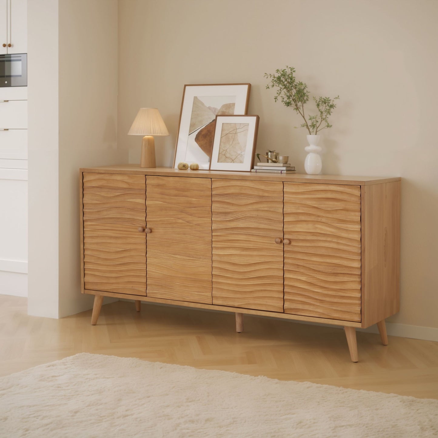 Mid Century Modern 4 Door Sideboard, Wavy Pattern Doors, Adjustable Shelves - Natural