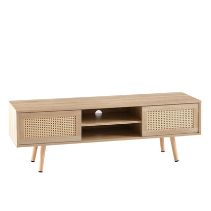 Mueble de TV de ratán de 140 cm con puertas corredizas dobles para almacenamiento, estante ajustable y patas de madera maciza. Consola de TV para sala de estar.