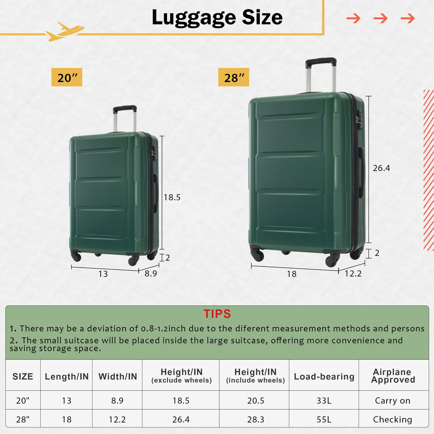 Juego de 2 maletas con ruedas giratorias extensibles, maleta ligera de ABS con cerradura TSA de 20"/28"