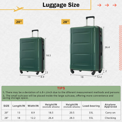 Juego de 2 maletas con ruedas giratorias extensibles, maleta ligera de ABS con cerradura TSA de 20"/28"