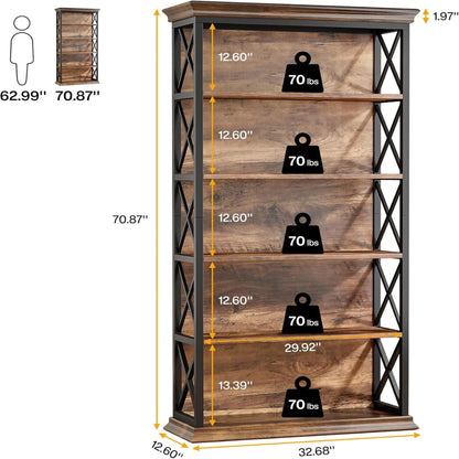 6 Tier Industrial Brown & Bookshelf With X Pattern Design - Rustic Brown